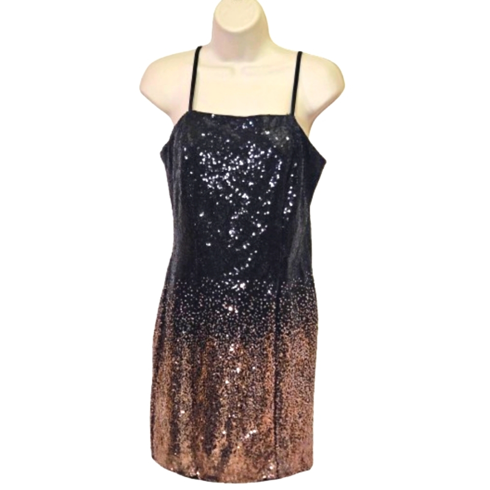 IRIS Black & Gold Ombre Sequin Cocktail Strappy Mini Dress,Medium